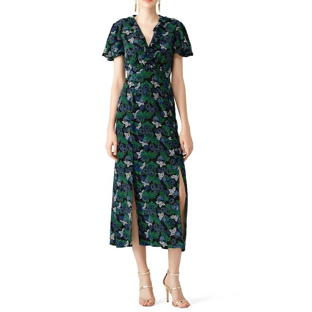 SALONI Josee Silk Emerald Green Floral Print Midi Dress Net-A-Porter 4 S $795